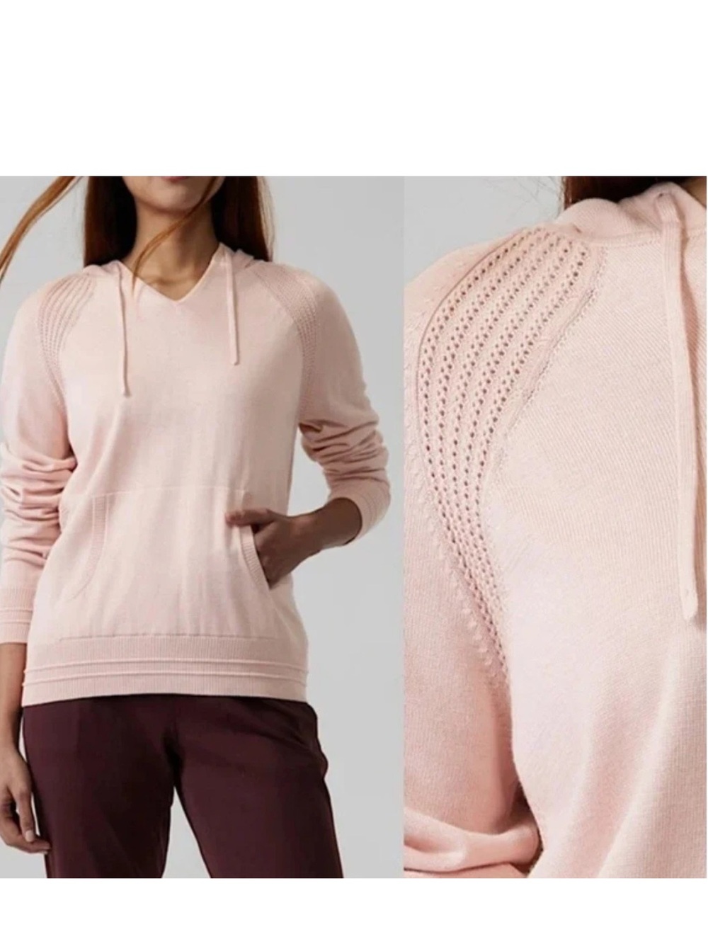 Athleta Evergreen Sweater Hoodie Pullover Hydrangea Pink
